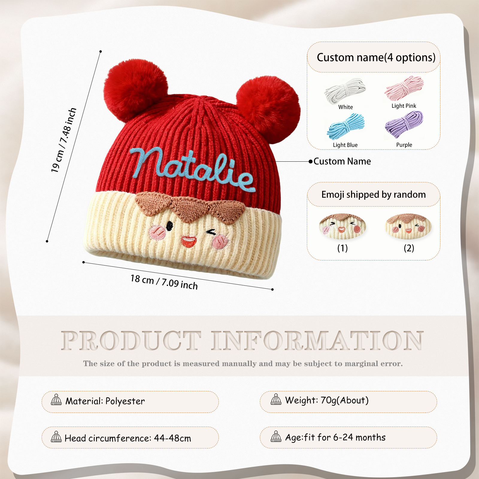 Bonnet bébé personnalisé – prénom brodé, tricot chaud, 2 pompons oreilles ourson – d'hiver