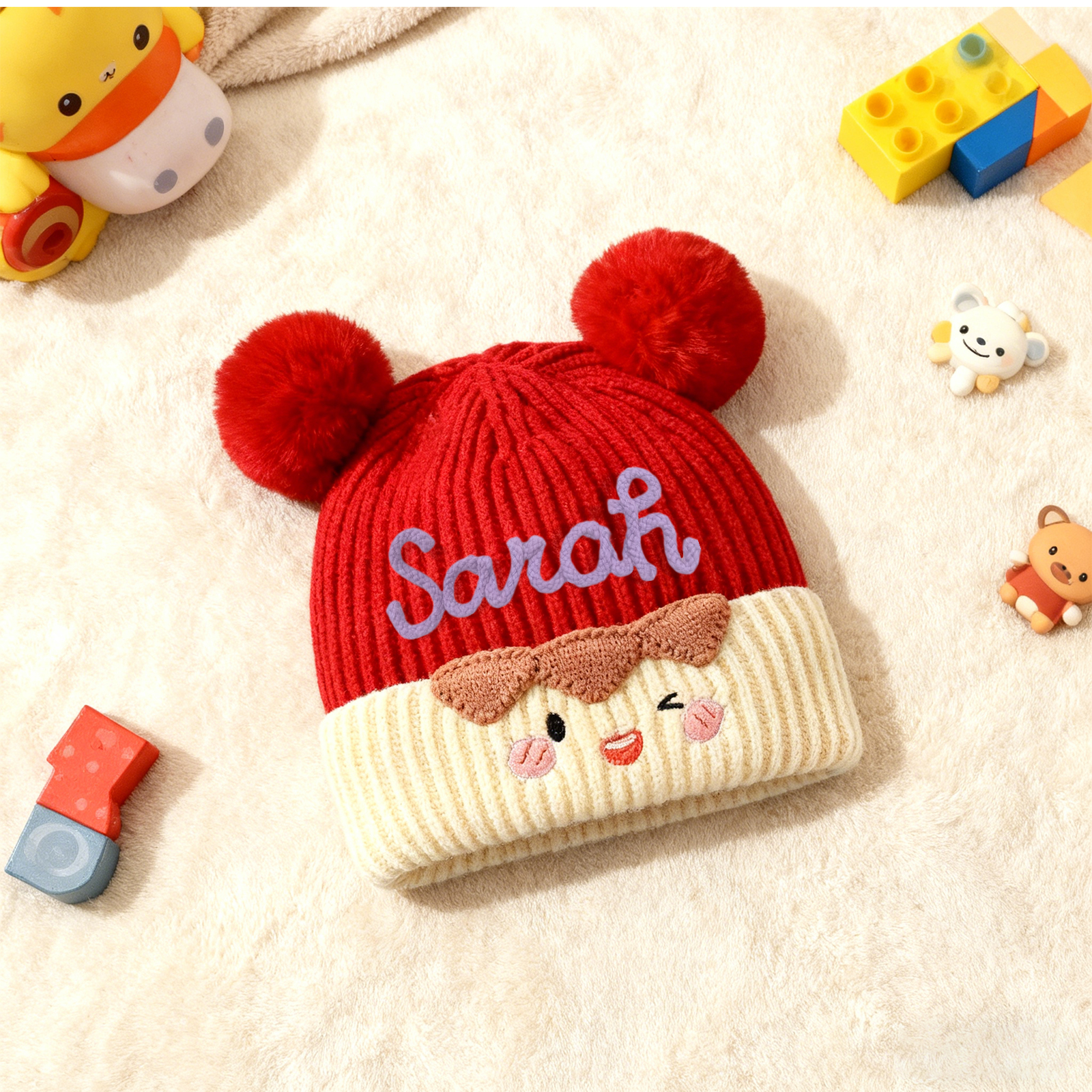 Bonnet bébé personnalisé – prénom brodé, tricot chaud, 2 pompons oreilles ourson – d'hiver