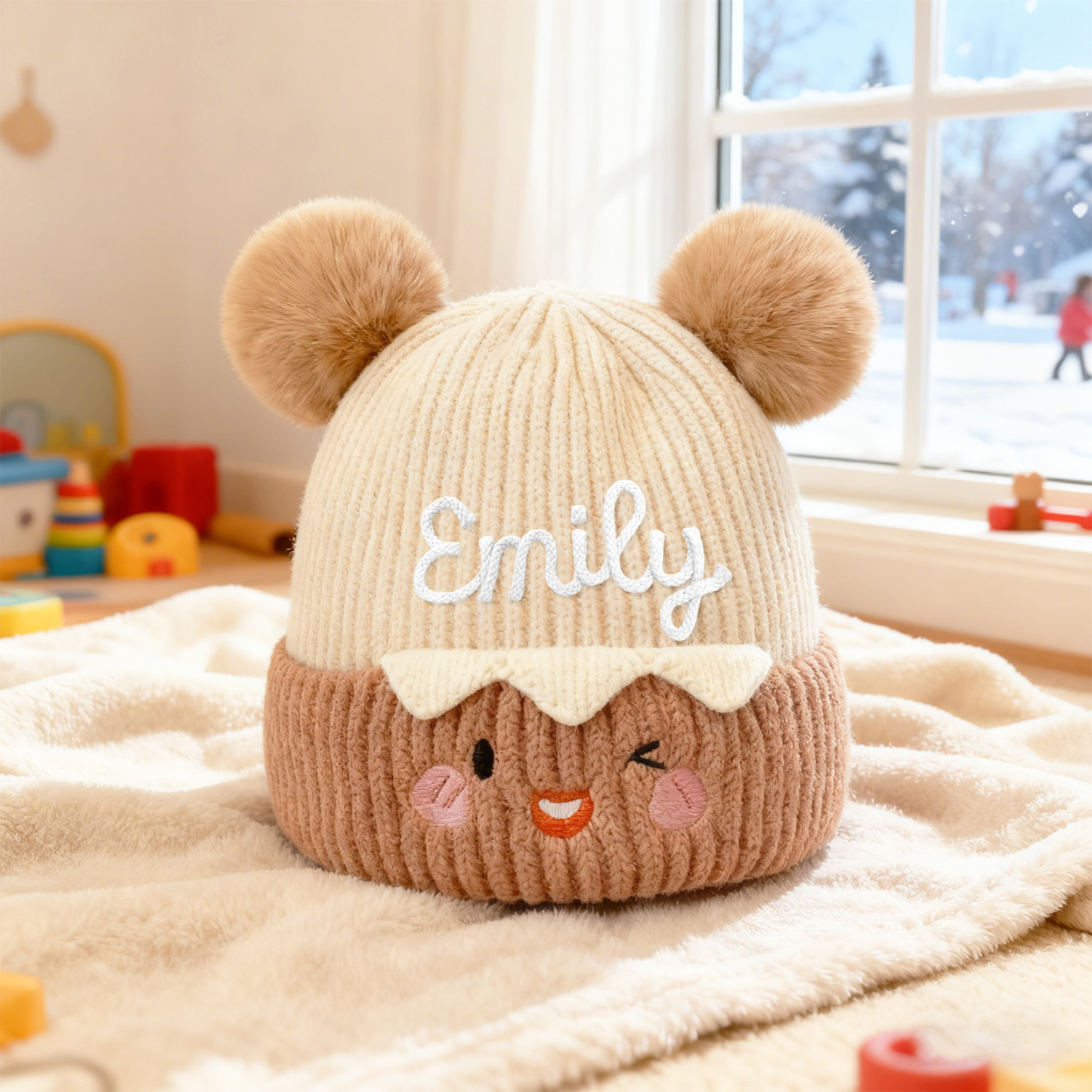 Bonnet bébé personnalisé – prénom brodé, tricot chaud, 2 pompons oreilles ourson – d'hiver