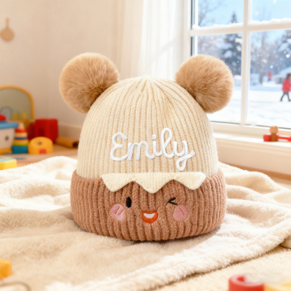 Bonnet bébé personnalisé – prénom brodé, tricot chaud, 2 pompons oreilles ourson – d'hiver