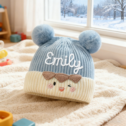 Bonnet bébé personnalisé – prénom brodé, tricot chaud, 2 pompons oreilles ourson – d'hiver