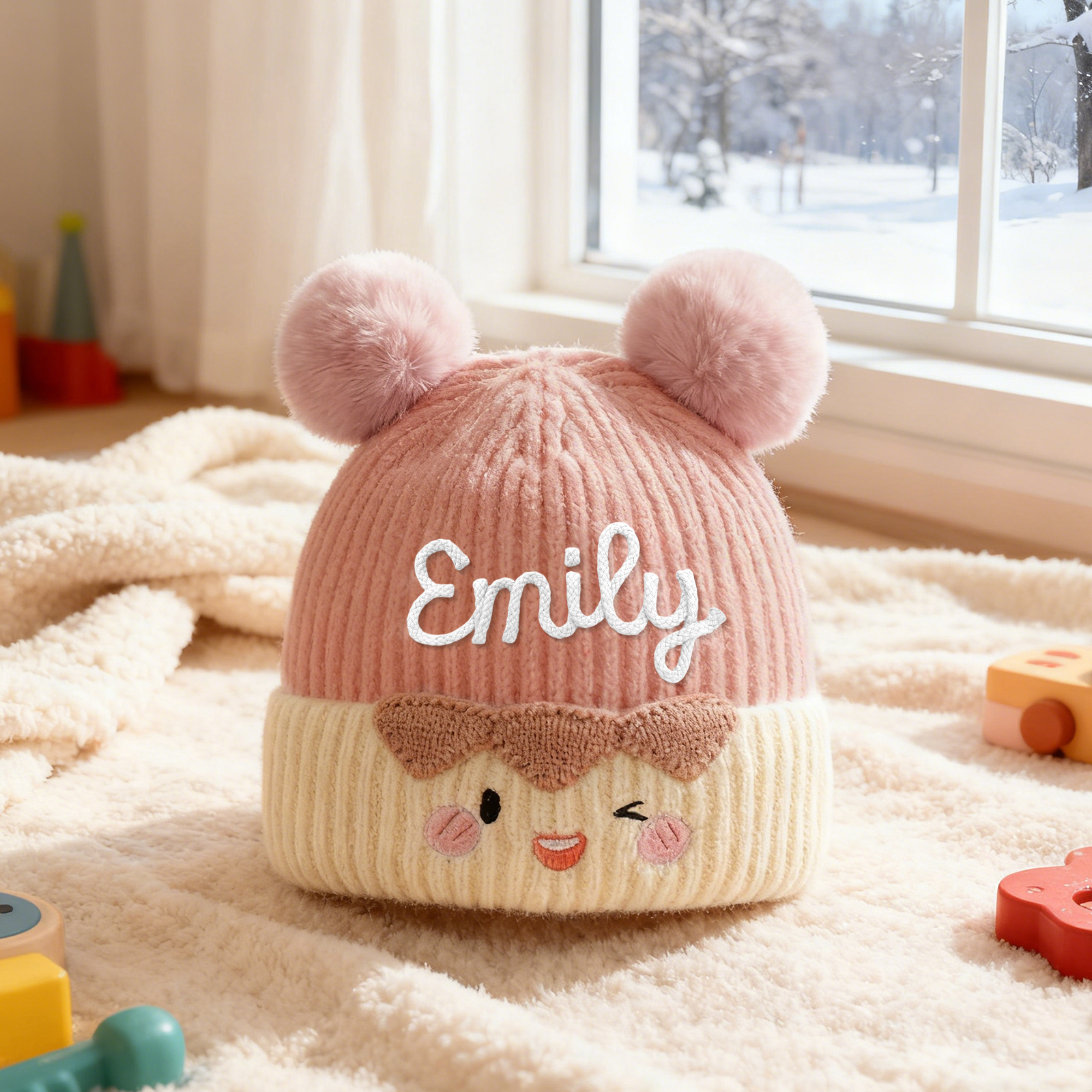 Bonnet bébé personnalisé – prénom brodé, tricot chaud, 2 pompons oreilles ourson – d'hiver