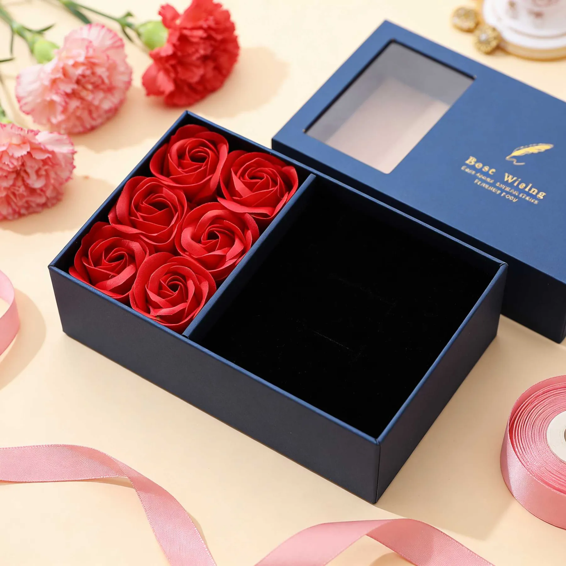 Boîte exquis de roses artificielles réalistes Coffret Bleu