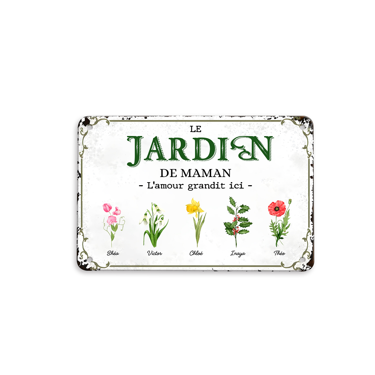 Plaque Métal Personnalisée avec 1-7 Prénoms et Fleurs de Naissance – Décoration Murale Jardin