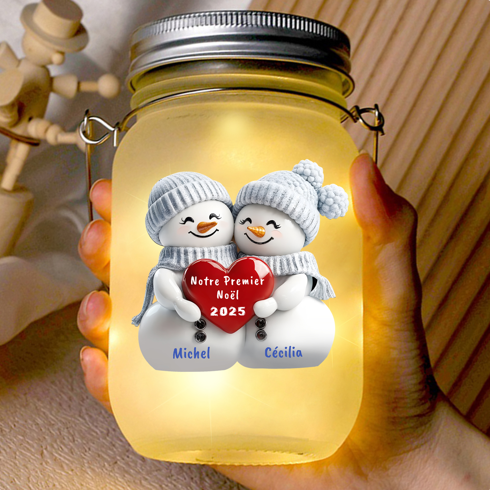 Bouteille Lumineuse Personnalisée, Bocal Solaire Bonhomme de Neige Premier Noël