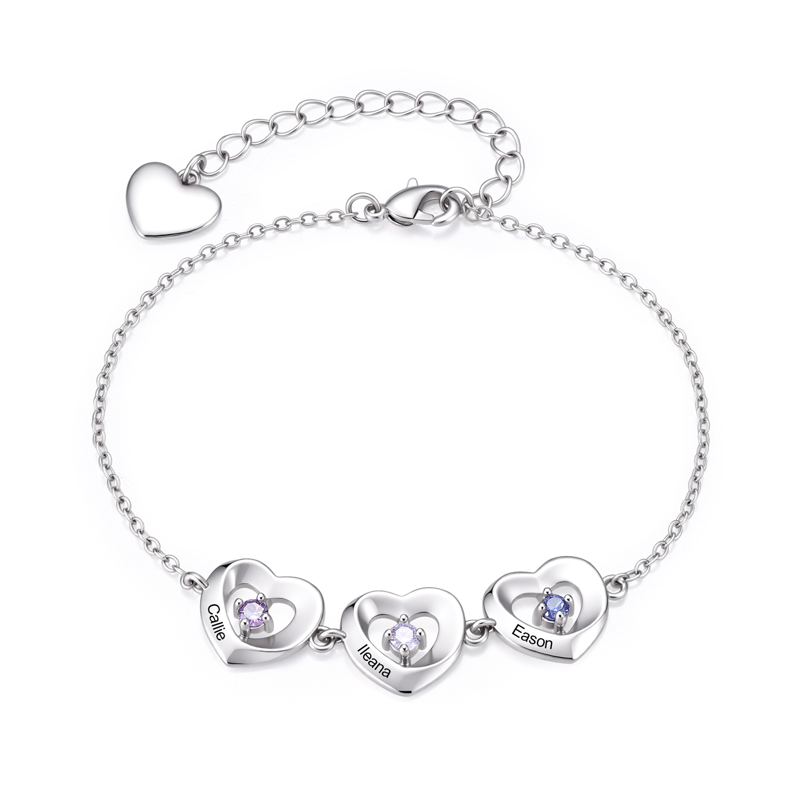 Bracelet Personnalisé Cœurs avec 2 à 5 Prénoms et Pierres de Naissance– Bijou Familial pour Femme