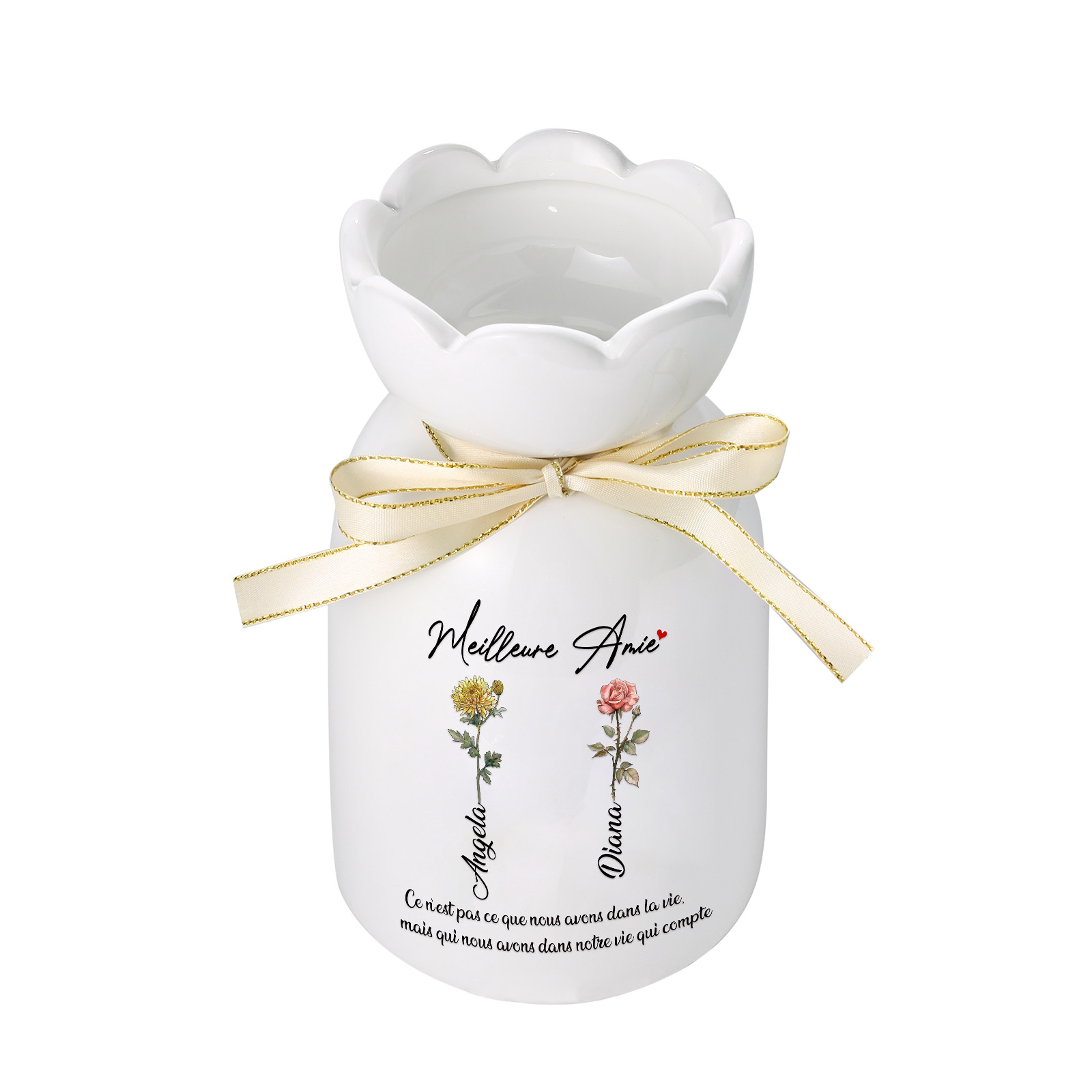 À ma Meilleure Amie - Vase Personnalisé avec Ruban 2 Prénoms et Fleurs de Naissance (sans fleurs) | Jessemade