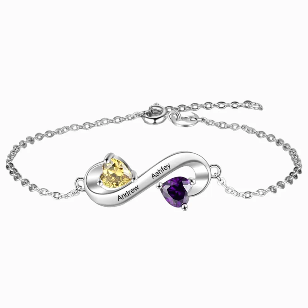 Bracelet Infini Personnalisé 2 Prénoms avec Pierres Cœur – Cadeau Femme