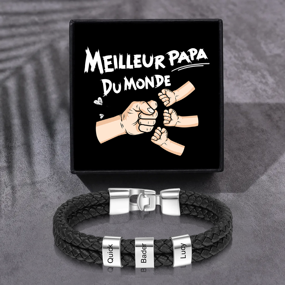 À mon Papa - Bracelet en Cuir et Acier personnalisé avec 3 Prénoms | Jessemade