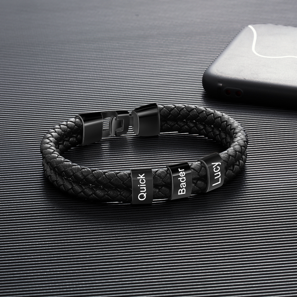 Coffret Cadeau 2PCS Portefeuille classique Bracelet Noir 3 Prénoms Personnalisé avec Photo Coffret Cadeau pour Homme | Jessemade