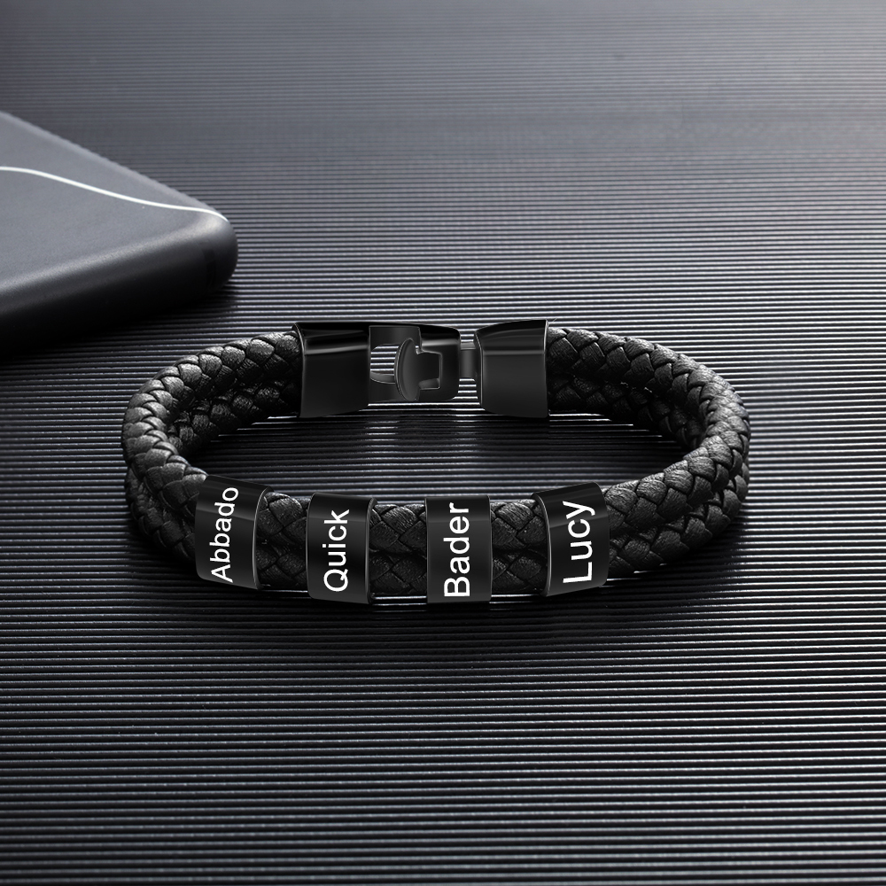 Coffret Cadeau 2PCS Portefeuille classique Bracelet Noir 4 Prénoms Personnalisé avec Photo Coffret Cadeau pour Homme | Jessemade