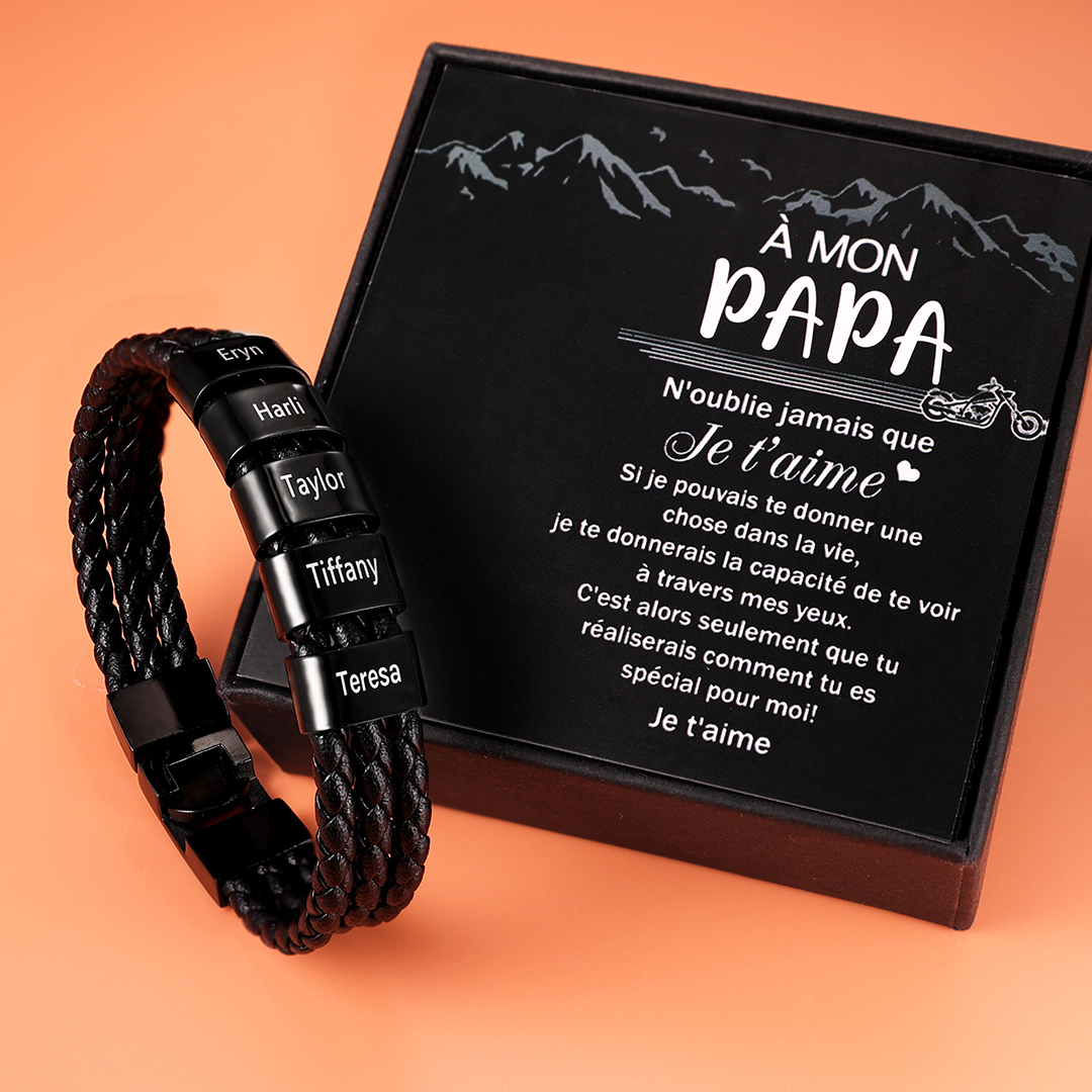 Bracelet Cuir tressé 4 Perles Prénom Bracelet Personnalisé Homme pour Papa|Jessemade