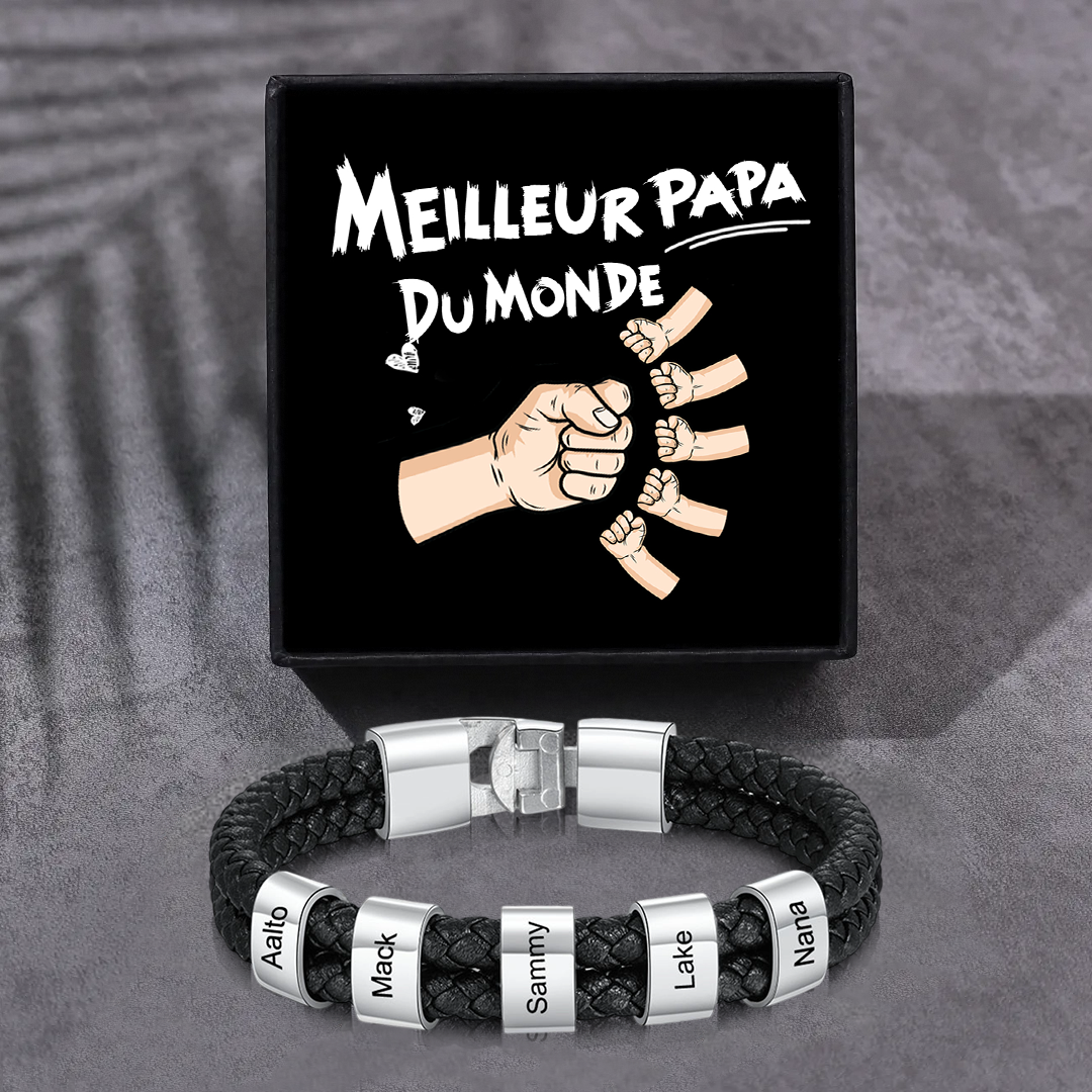 À mon Papa - Bracelet en Cuir et Acier personnalisé avec 5 Prénoms | Jessemade