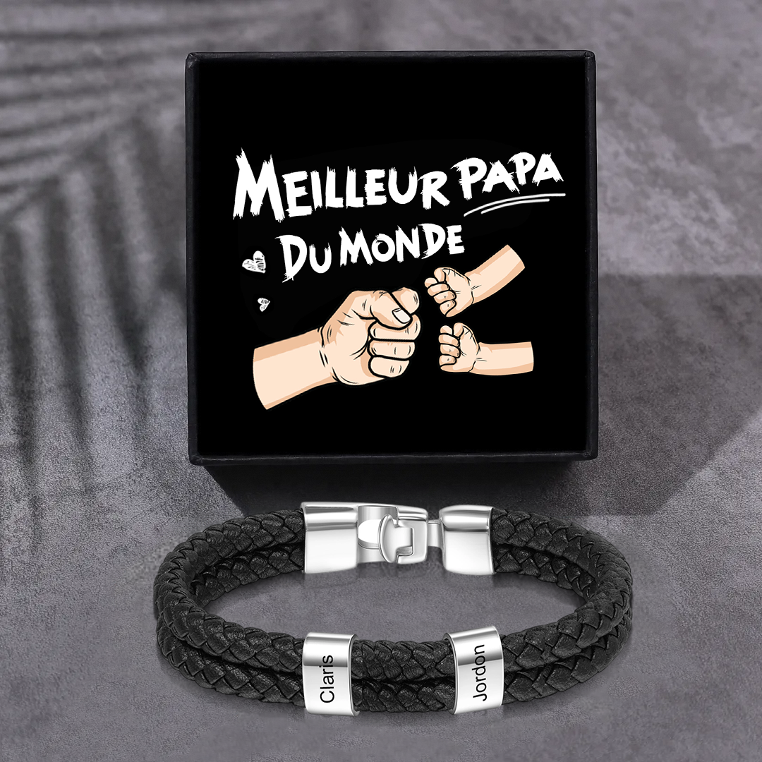 À mon Papa - Bracelet en Cuir et Acier personnalisé avec 2 Prénom | Jessemade