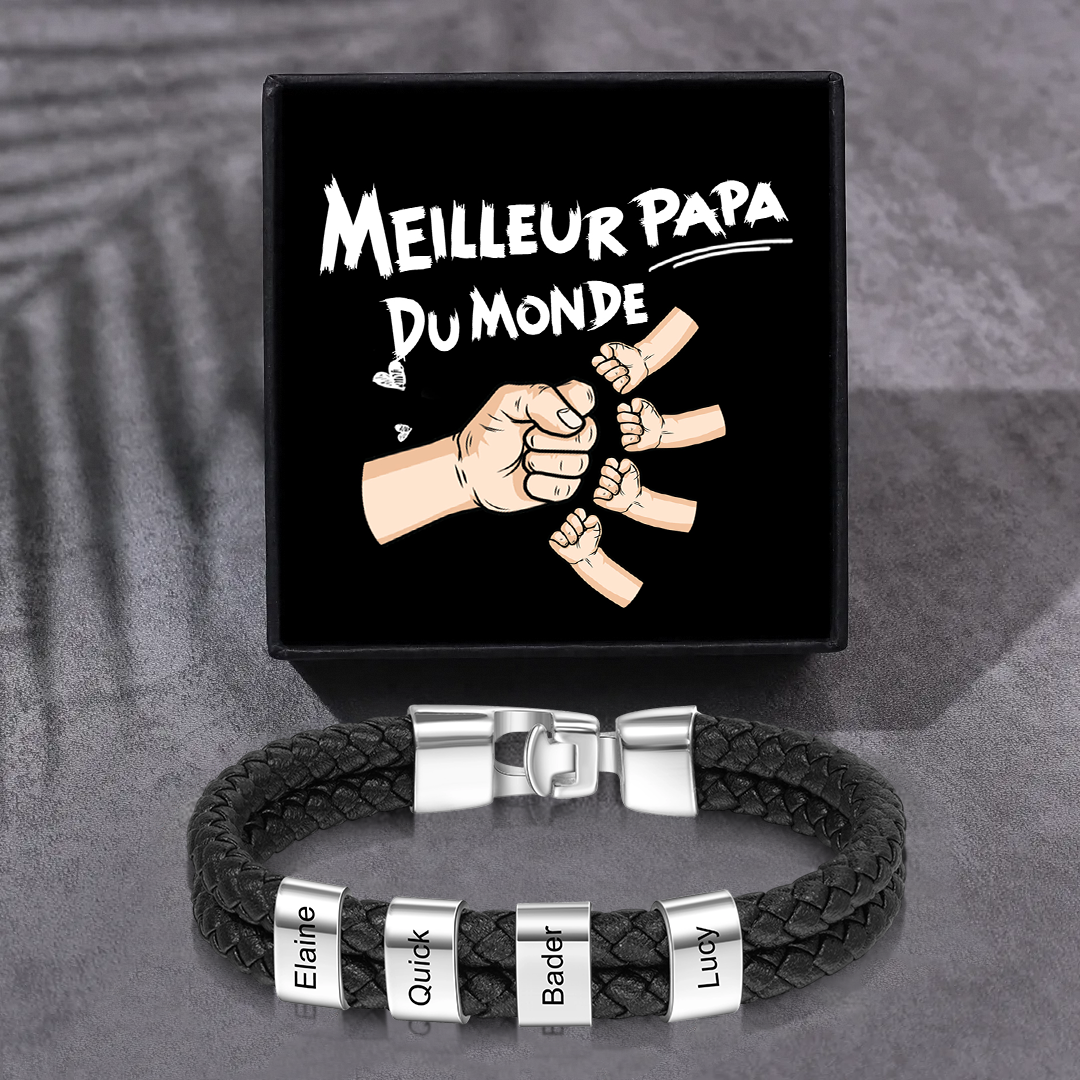 À mon Papa - Bracelet en Cuir et Acier personnalisé avec 4 Prénoms | Jessemade
