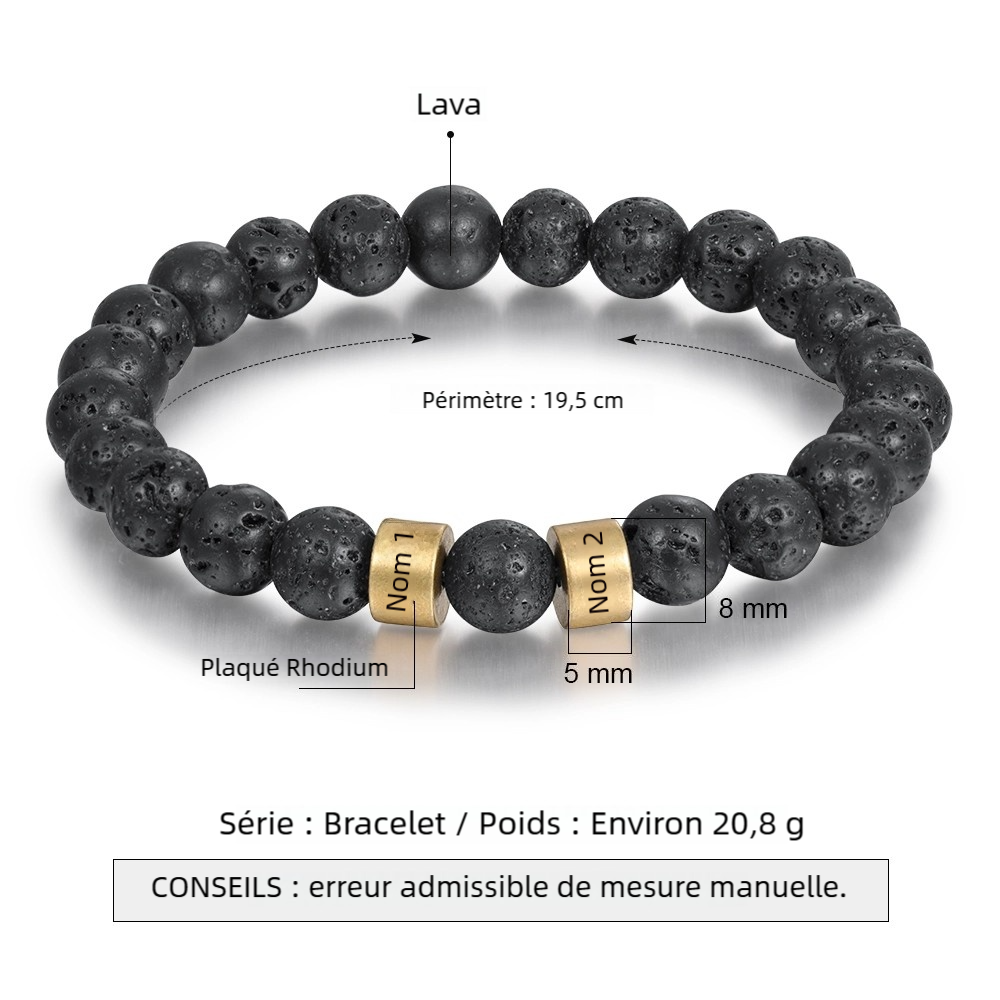 Bracelet Personnalisé Homme 1-5 Prénoms Personnalisés Pierre de lave Noir ｜Jessemade