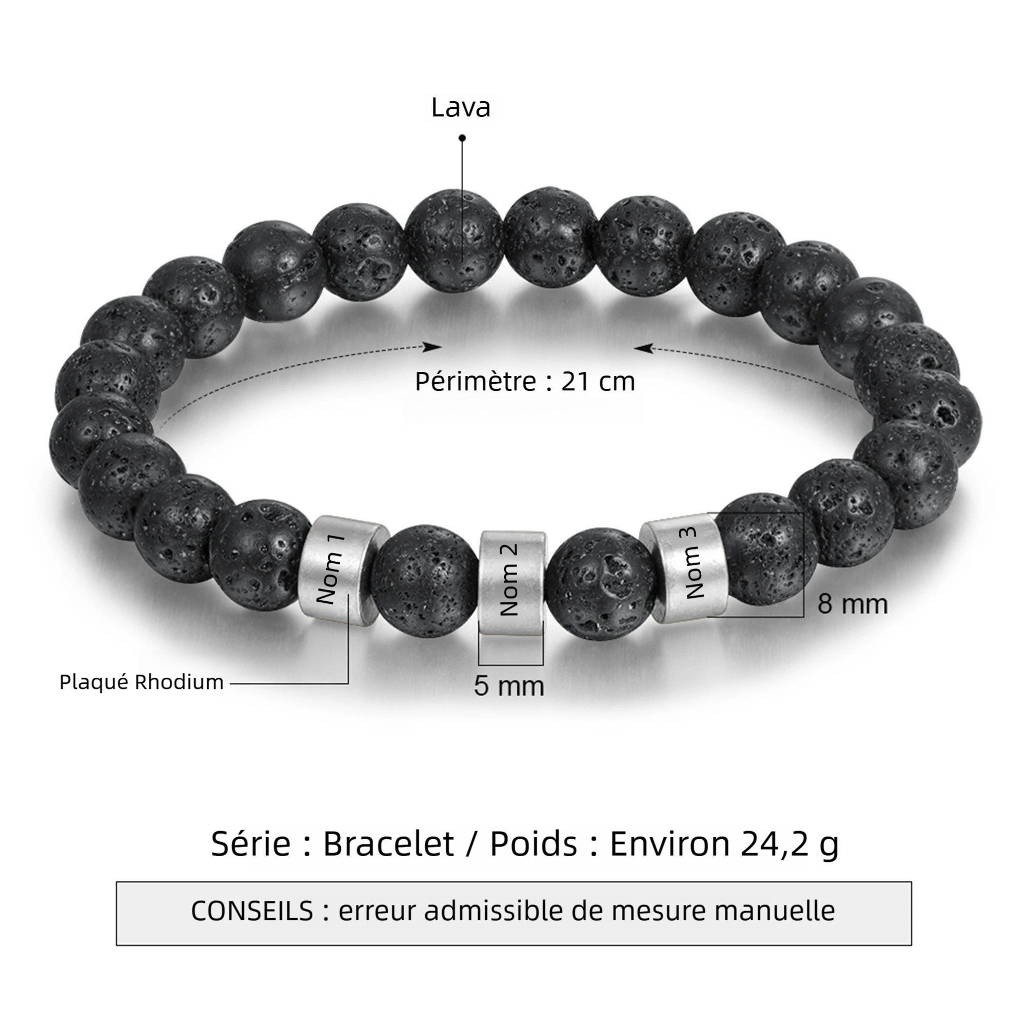 Bracelet Personnalisé Homme 1-5 Prénoms Personnalisés Pierre de lave Noir ｜Jessemade