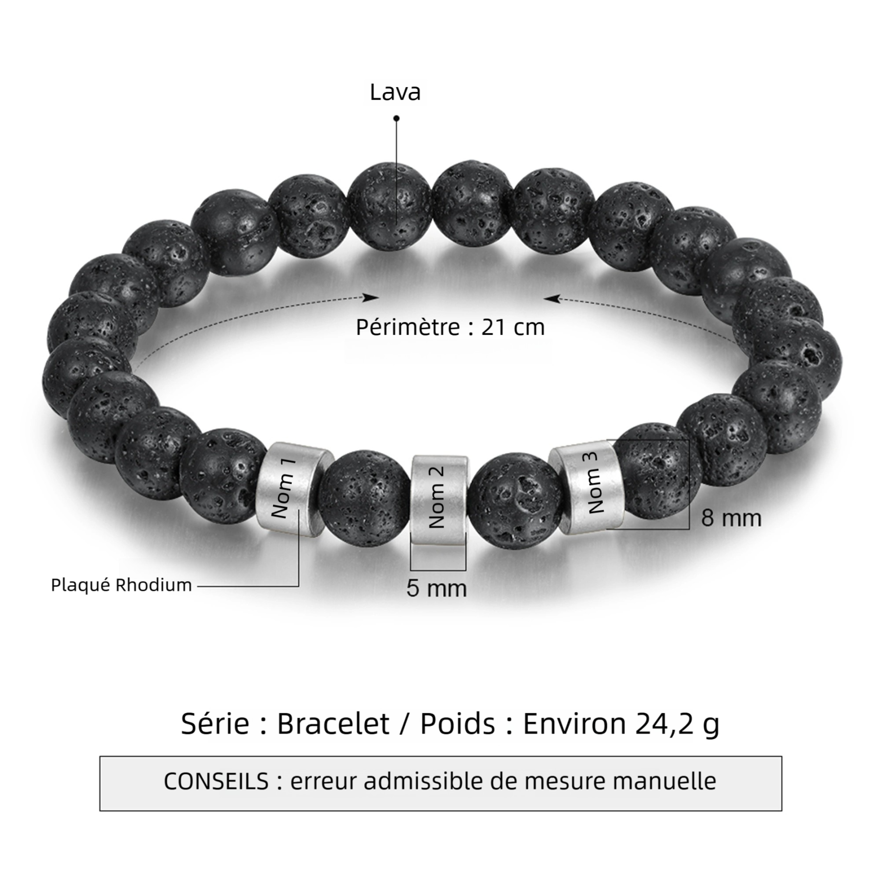 Bracelet Personnalisé Homme 1-5 Prénoms Personnalisés Pierre de lave Noir ｜Jessemade