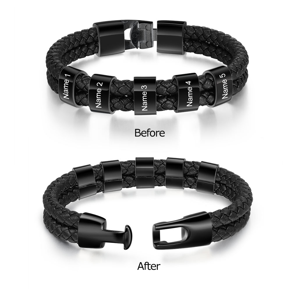 Coffret Cadeau 2PCS Portefeuille classique Bracelet Noir 5 Prénoms Personnalisé avec Photo Coffret Cadeau pour Homme | Jessemade