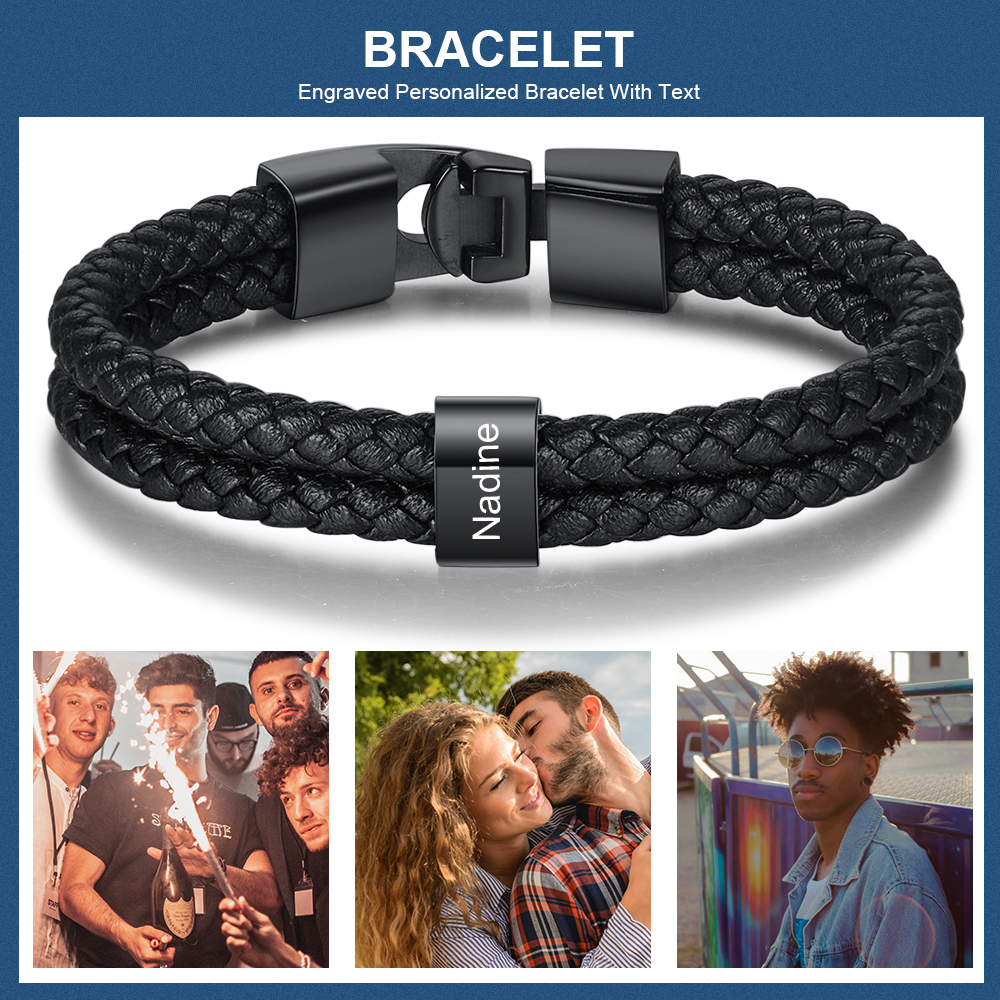 Coffret Cadeau 2PCS Portefeuille classique Bracelet Noir 1 Prénom Personnalisé avec Photo Coffret Cadeau pour Homme | Jessemade