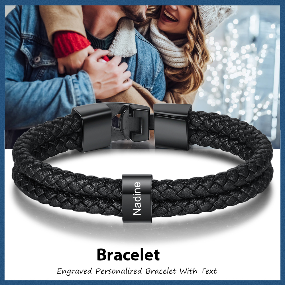 Coffret Cadeau 2PCS Portefeuille classique Bracelet Noir 1 Prénom Personnalisé avec Photo Coffret Cadeau pour Homme | Jessemade