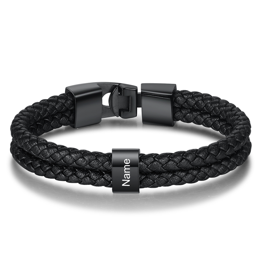 Coffret Cadeau 2PCS Portefeuille classique Bracelet Noir 1 Prénom Personnalisé avec Photo Coffret Cadeau pour Homme | Jessemade