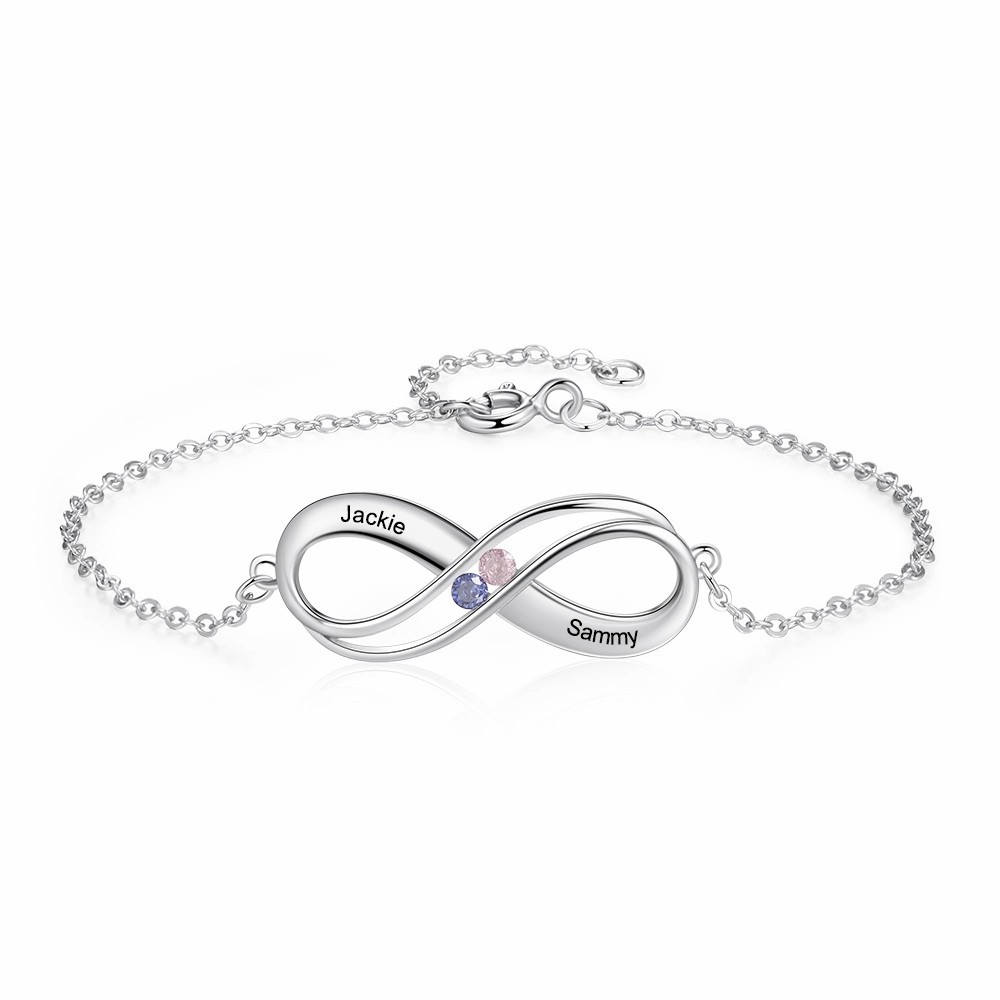 Bracelet Infini en Argent 925 réglable personnalisé avec 2 Pierres de Naissance et Noms