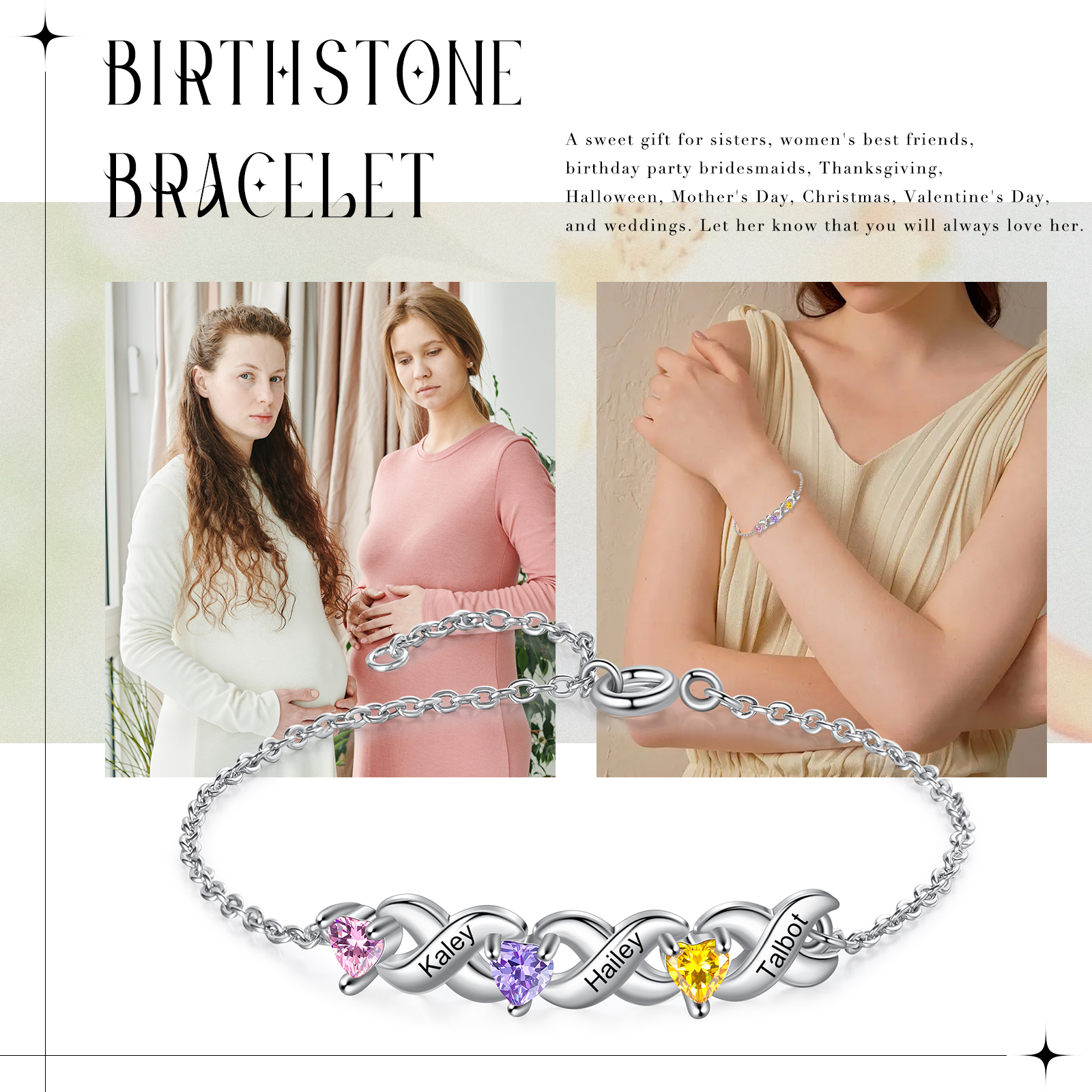 2PCS Bracelet et Collier 3 Prénoms Personnalisés avec 3 Pierres de naissance Collier Bracelet Personnalisé | Jessemade