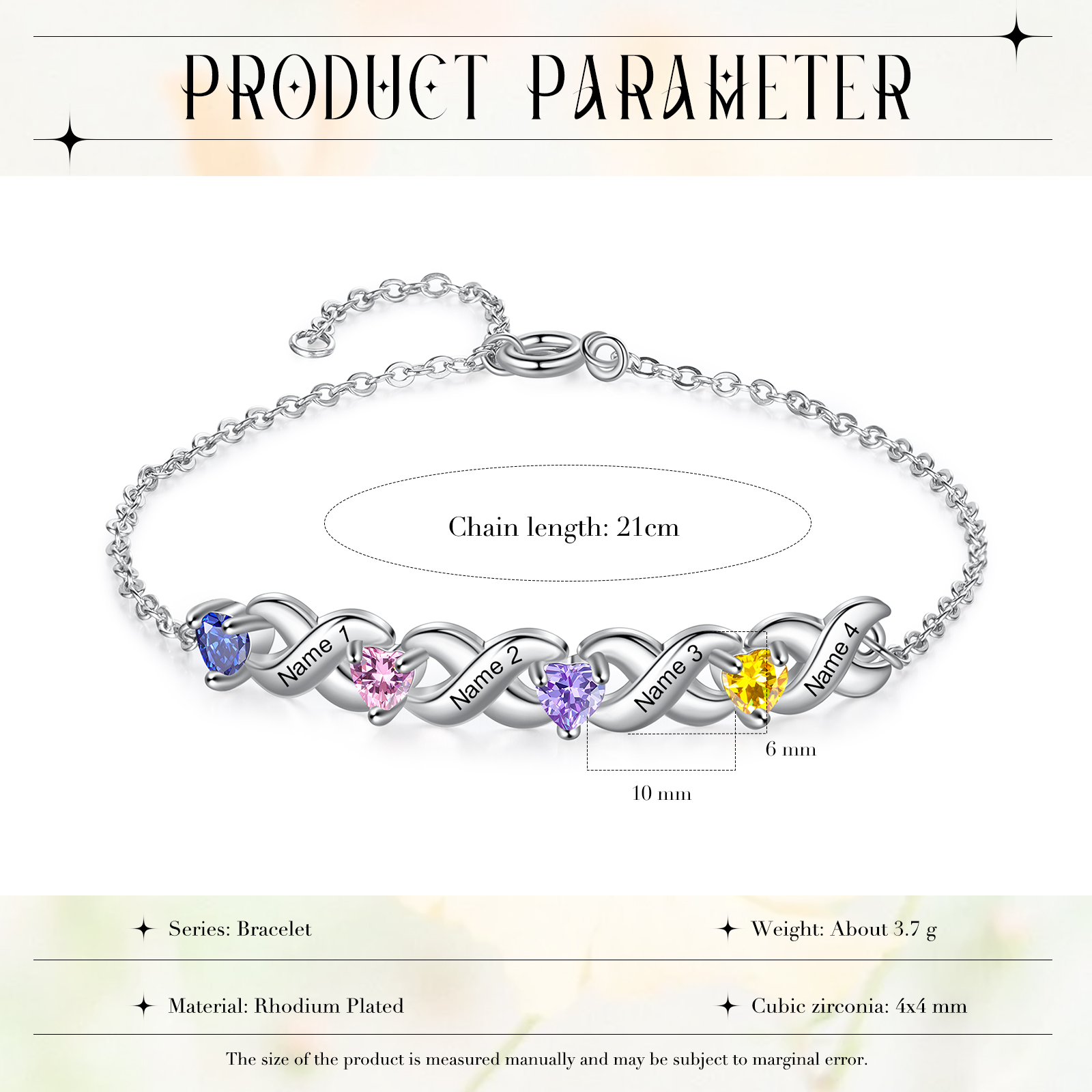 2PCS Bracelet et Collier 4 Prénoms Personnalisés avec 3 Pierres de naissance Collier Bracelet Personnalisé | Jessemade