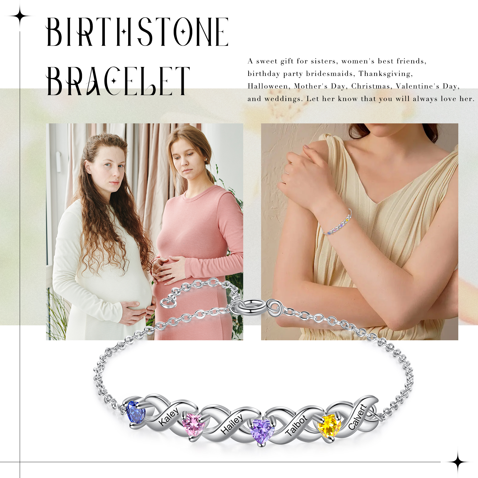 2PCS Bracelet et Collier 4 Prénoms Personnalisés avec 3 Pierres de naissance Collier Bracelet Personnalisé | Jessemade