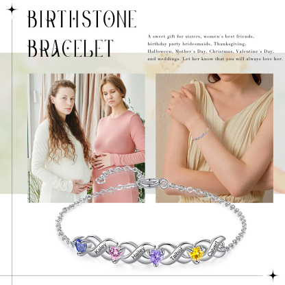 2PCS Bracelet et Collier 4 Prénoms Personnalisés avec 3 Pierres de naissance Collier Bracelet Personnalisé | Jessemade