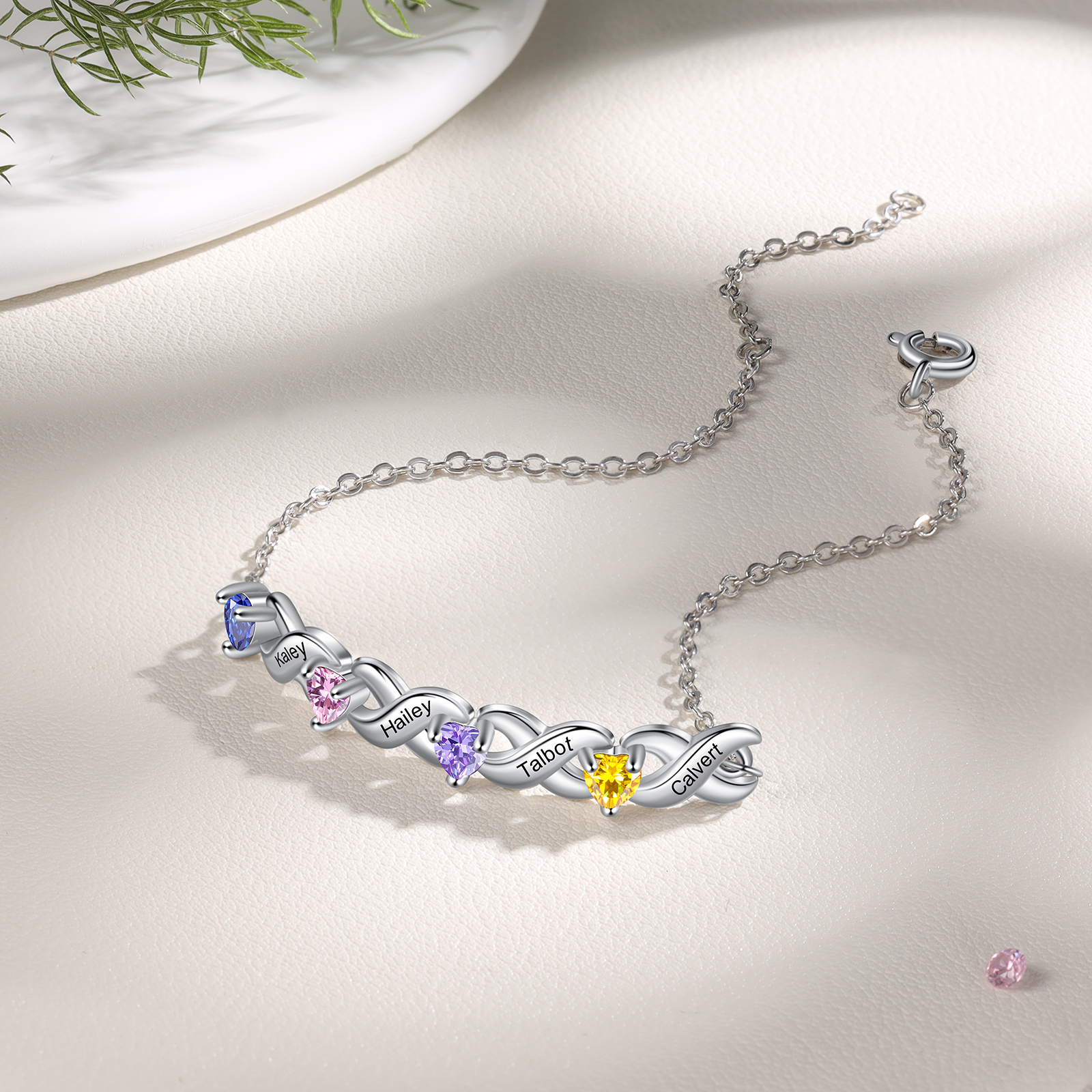 2PCS Bracelet et Collier 4 Prénoms Personnalisés avec 3 Pierres de naissance Collier Bracelet Personnalisé | Jessemade