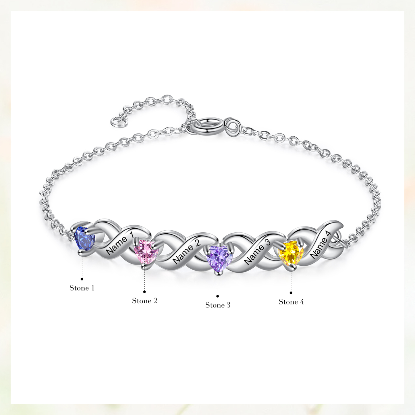 2PCS Bracelet et Collier 4 Prénoms Personnalisés avec 3 Pierres de naissance Collier Bracelet Personnalisé | Jessemade