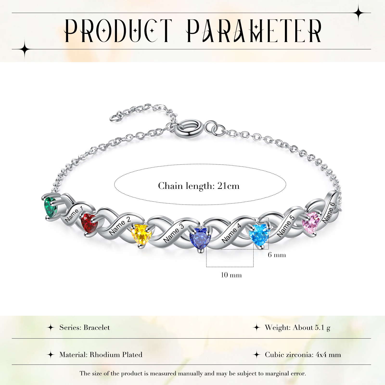 2PCS Bracelet et Collier 6 Prénoms Personnalisés avec 6 Pierres de naissance Collier Bracelet Personnalisé | Jessemade