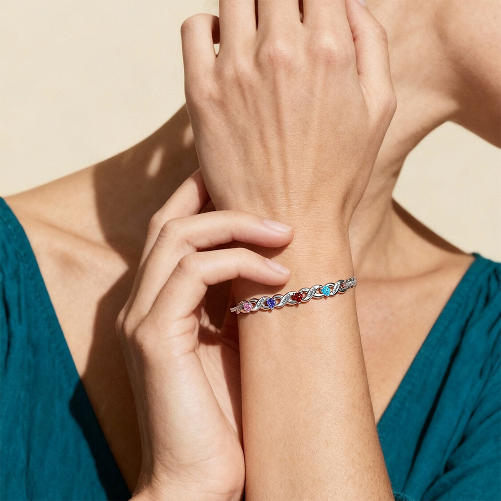 Bracelet à Breloque 2-7 Prénoms Personnalisé avec 2-7 Pierres de Naissance