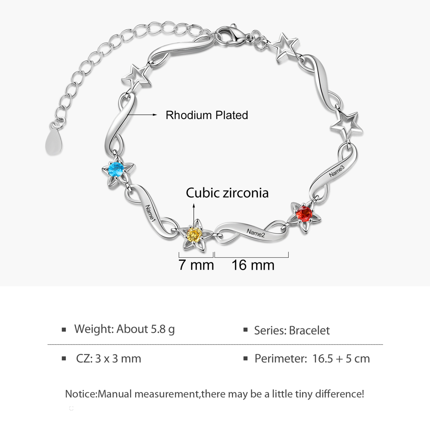 Bracelet infini à Breloque 2-7 Prénom Personnalisé avec 2-7 Pierre de Naissance