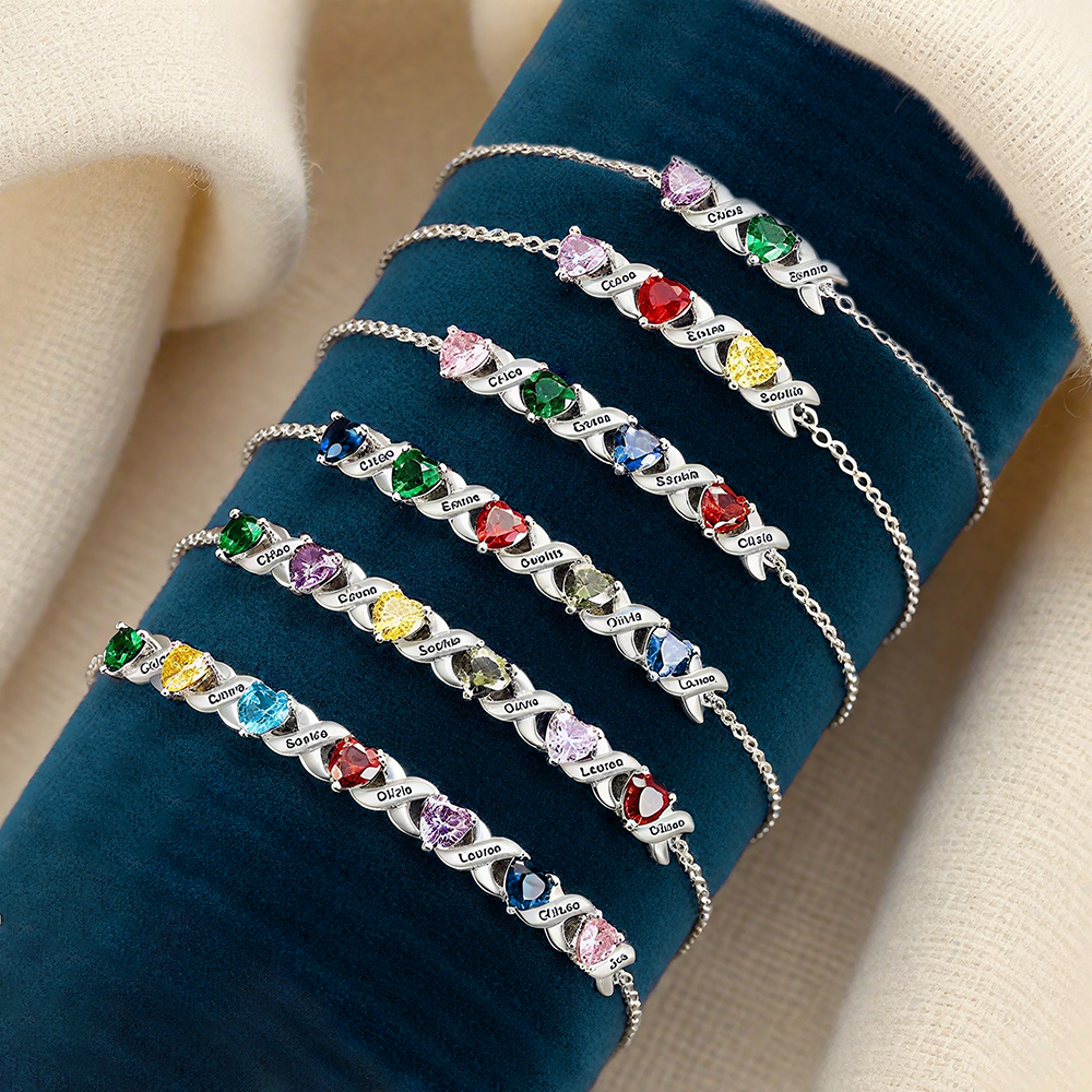 Bracelet à Breloque 2-7 Prénoms Personnalisé avec 2-7 Pierres de Naissance