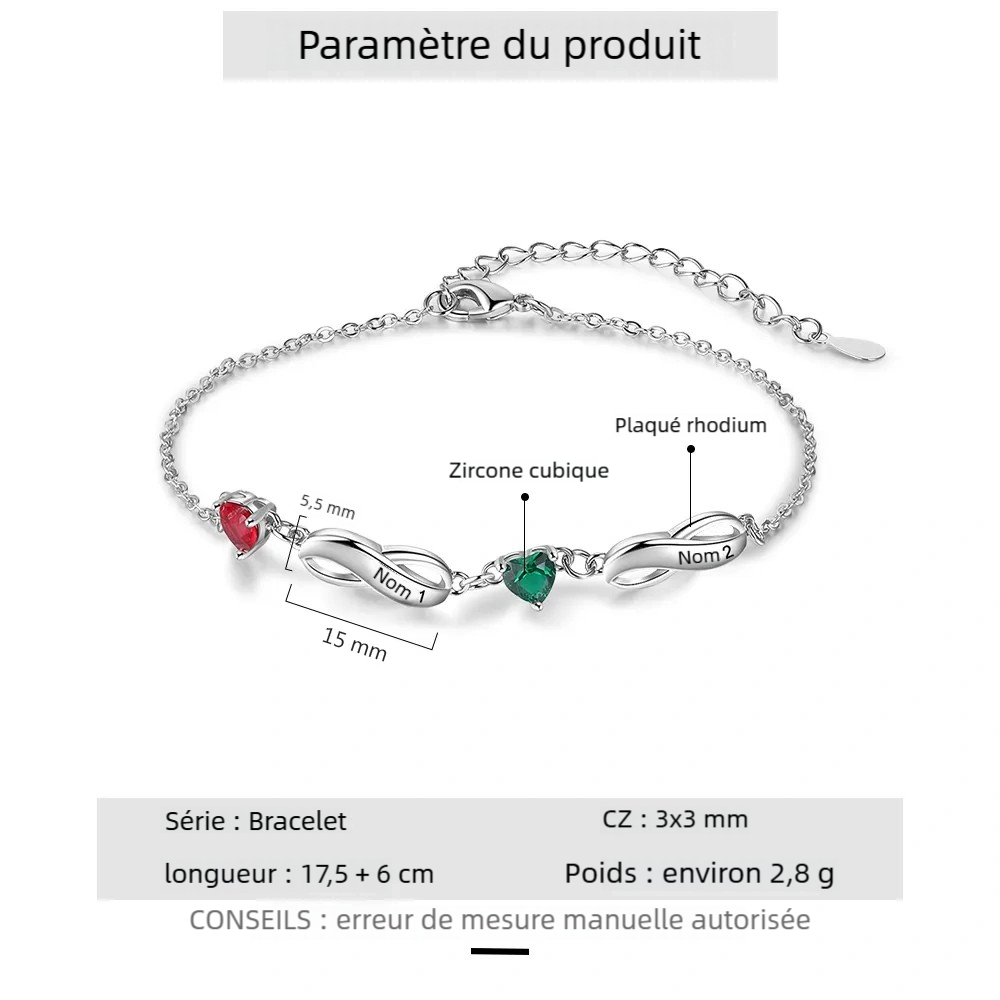 Bracelet infini à Breloque Coeurs 1-7 Prénoms Gravé Personnalisé avec Pierres de Naissance pour Femme