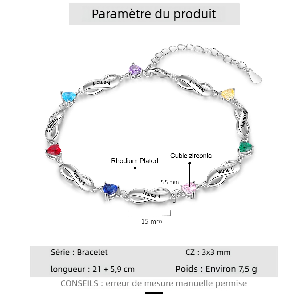 Bracelet infini à Breloque Coeurs Bracelet Pierre De Naissance Personnalisé avec 3 Prénoms pour Femmes｜Jessemade
