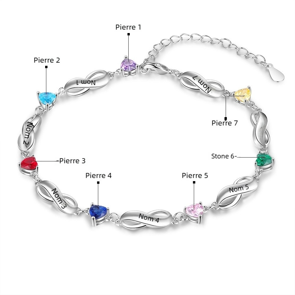Bracelet infini à Breloque Coeurs Bracelet Pierre De Naissance Personnalisé avec 3 Prénoms pour Femmes｜Jessemade