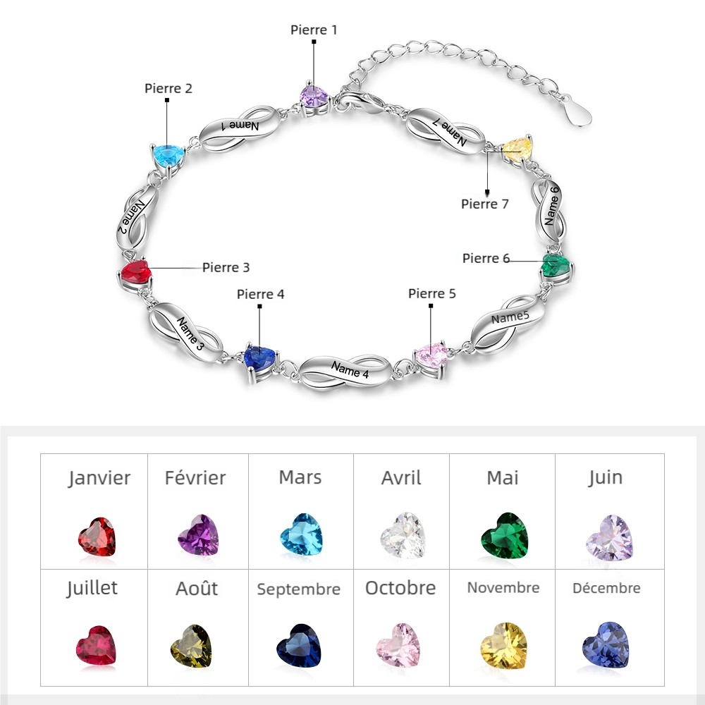 Bracelet infini à Breloque Coeurs Bracelet Pierre De Naissance Personnalisé avec 3 Prénoms pour Femmes｜Jessemade