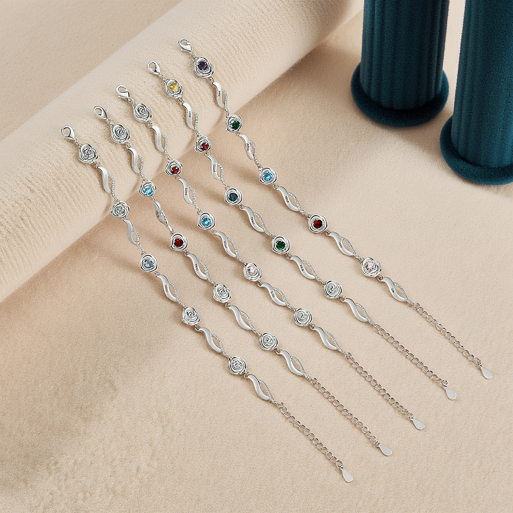 Bracelet Roses 1-5 Prénom Personnalisé avec 1-5 Pierre de Naissance cadeau pour femme anniversaire | Jessemade