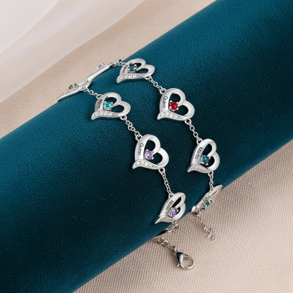 Bracelet Cœur gravé 1-7 Prénoms Personnalisés avec Pierres de Naissance