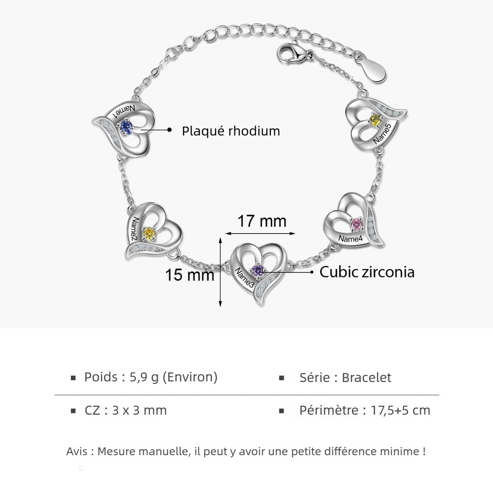 Bracelet Cœur gravé 1-7 Prénoms Personnalisés avec Pierres de Naissance