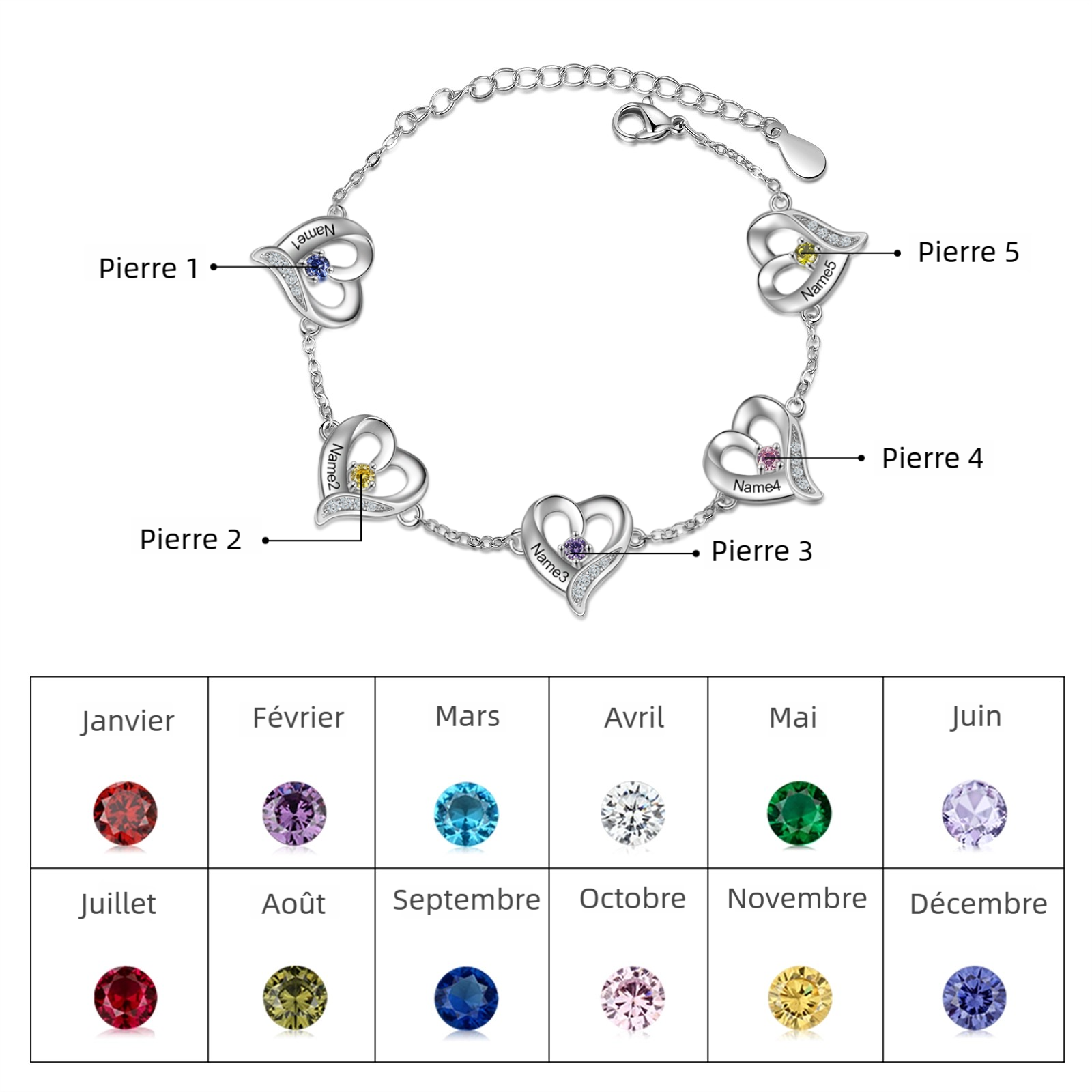 Bracelet Cœur gravé 1-7 Prénoms Personnalisés avec Pierres de Naissance