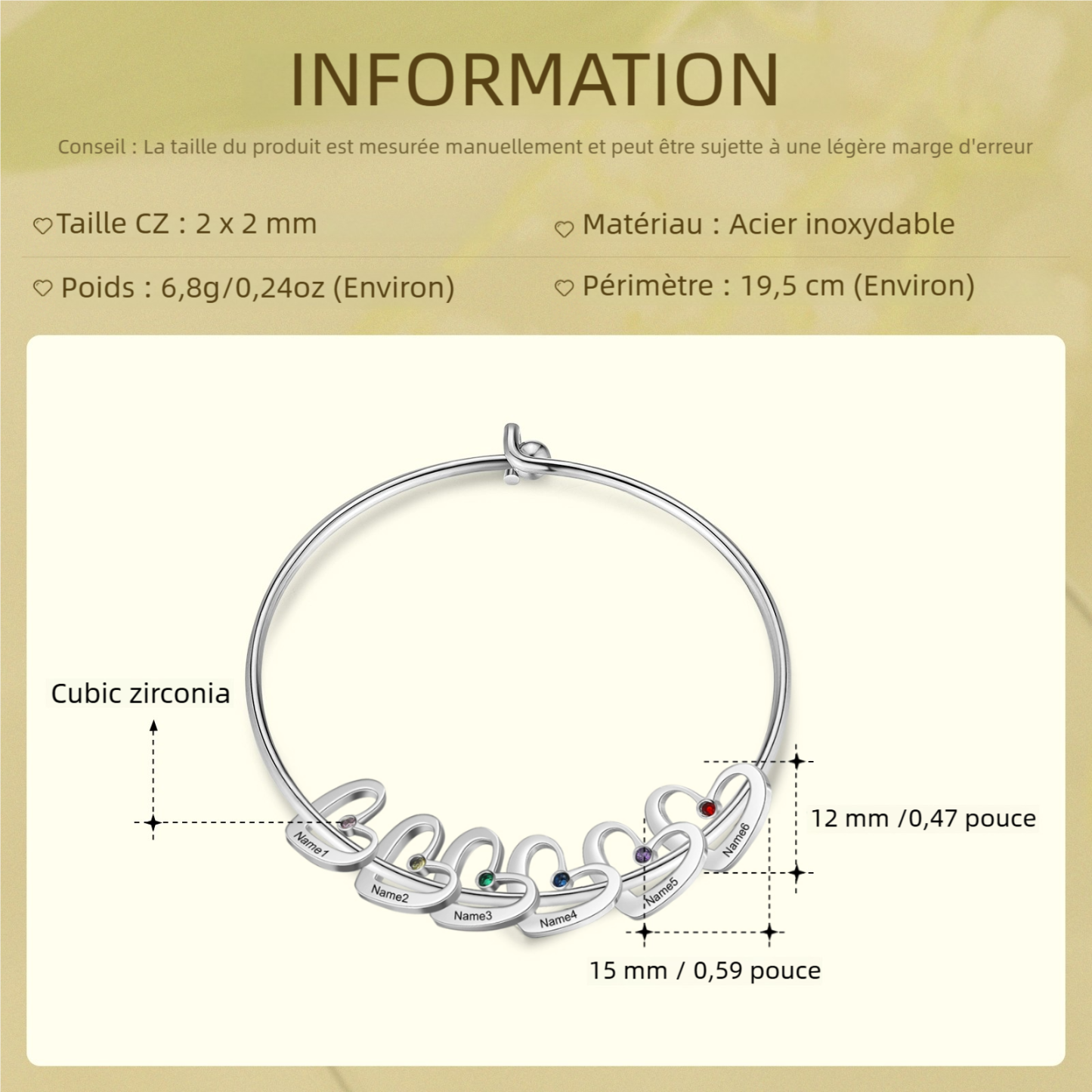 Bracelet jonc 2-6 Prénoms Personnalisé Bracelet Pierre De Naissance avec Pendentifs Coeur｜Jessemade