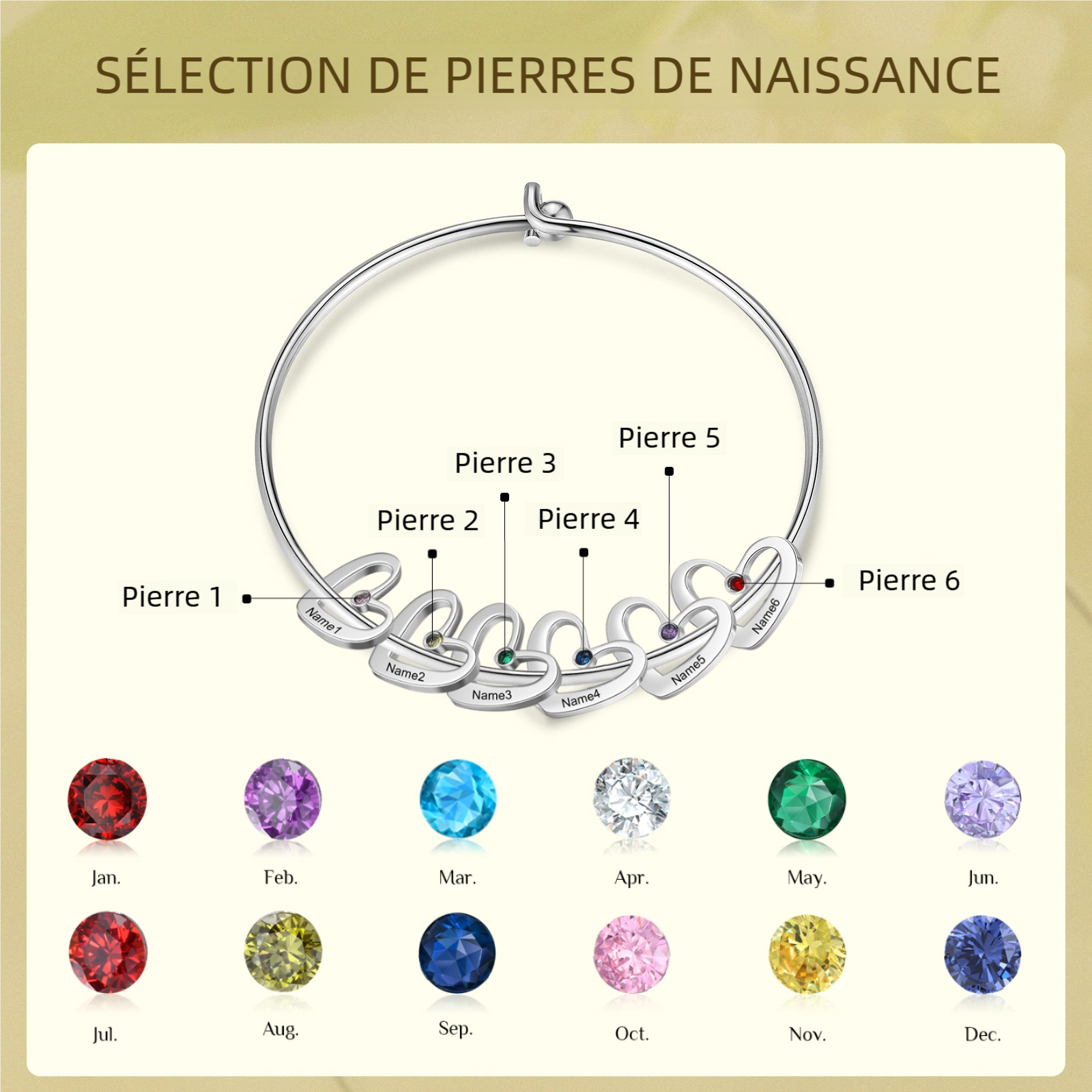 Bracelet jonc 2-6 Prénoms Personnalisé Bracelet Pierre De Naissance avec Pendentifs Coeur｜Jessemade