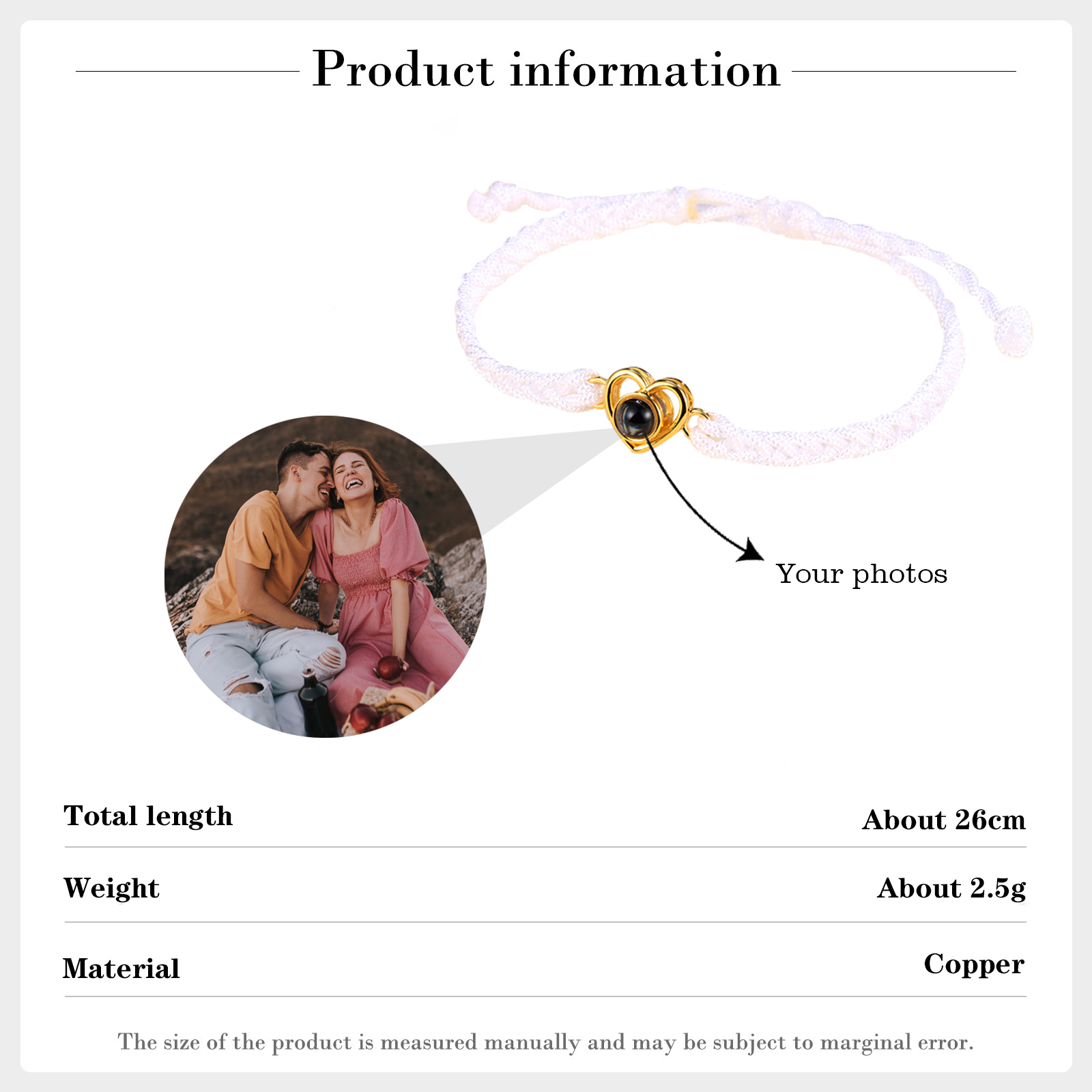 Bracelet Projection de Pierres 1 Photo Personnalisée Blanc Bracelet Projection | Jessemade