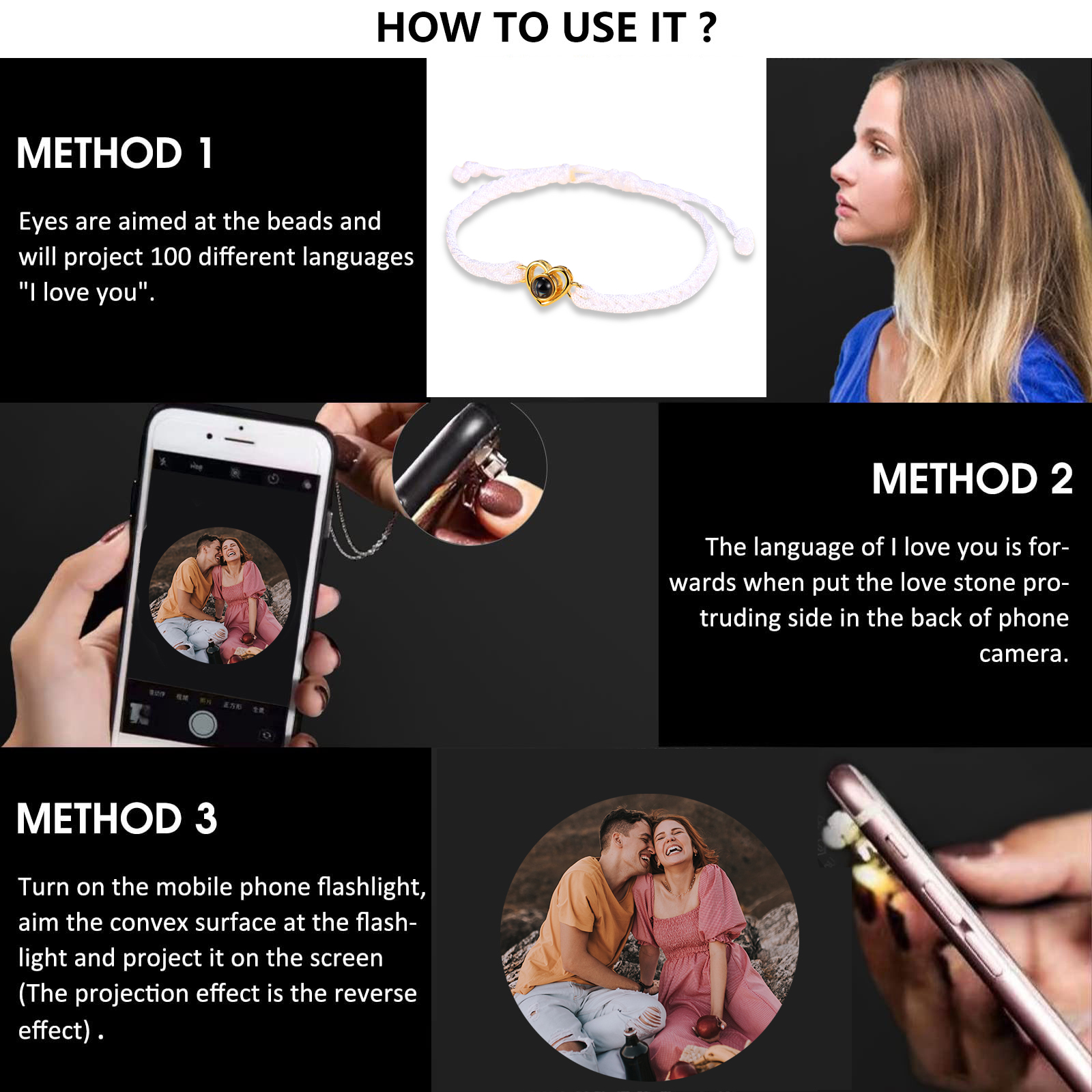 Bracelet Projection de Pierres 1 Photo Personnalisée Blanc Bracelet Projection | Jessemade