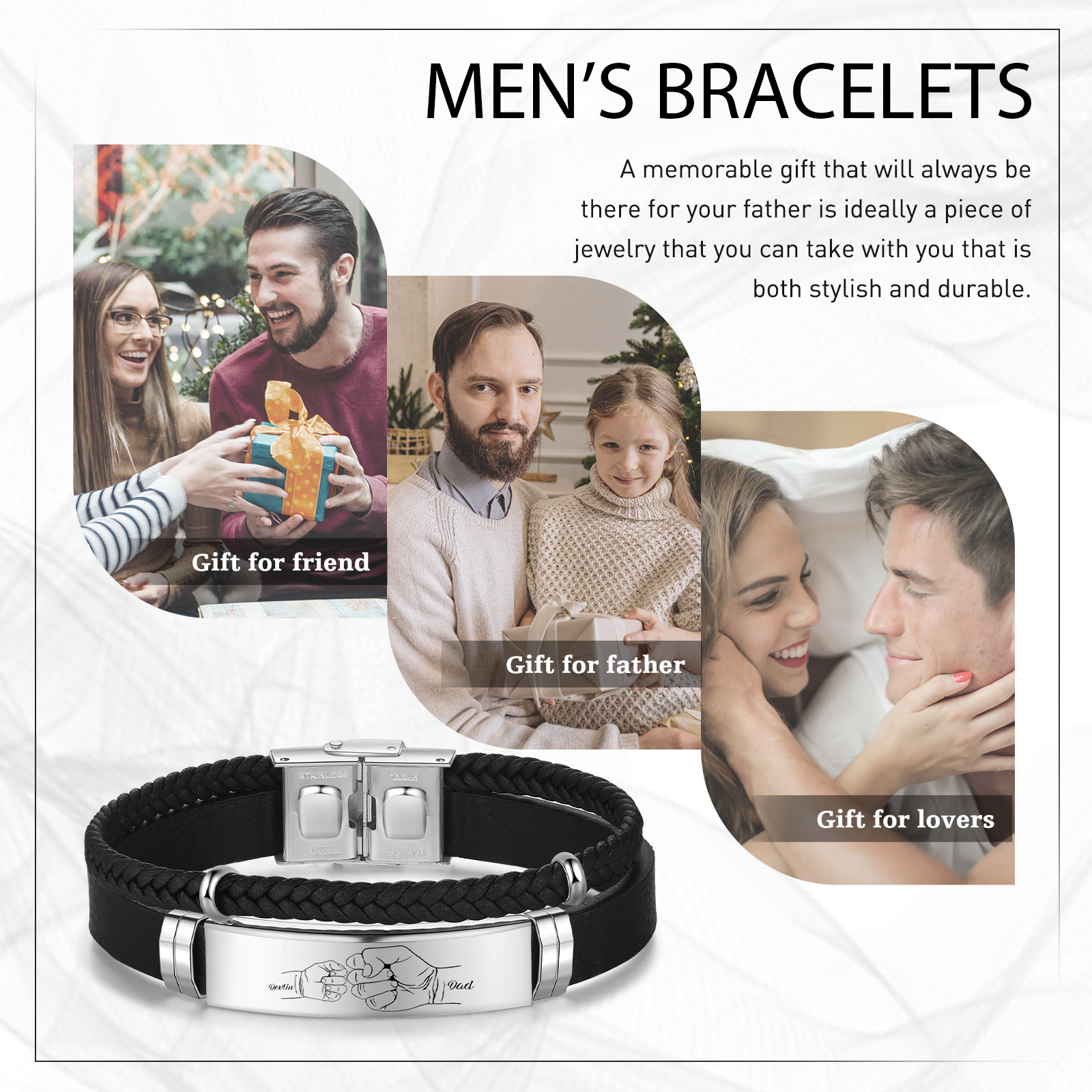 Bracelet en Cuir personnalisé avec 2 Prénoms gravés - Cadeau pour Papa | Jessemade